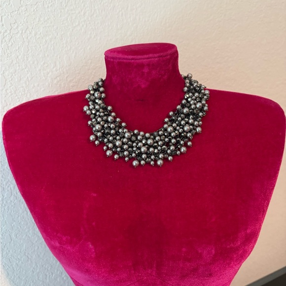 Natasha Couture Silver Pearls and Rhinestones Bib Necklace - Picture 2 of 5